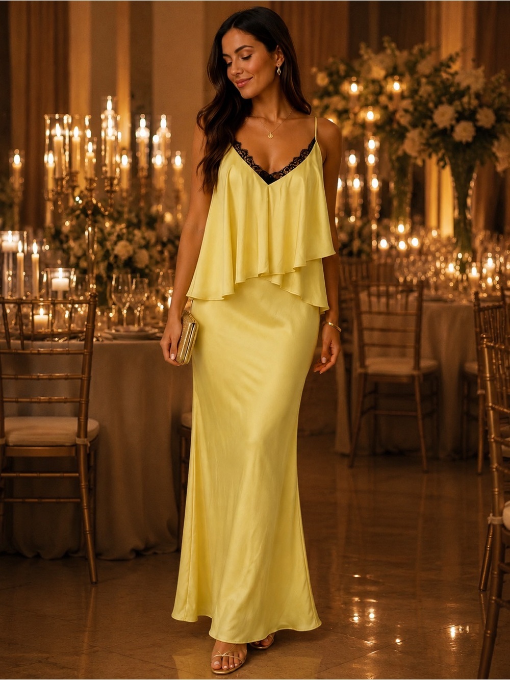 By Egreis Stretch Satin Slip maxi dress in Butter Yellow